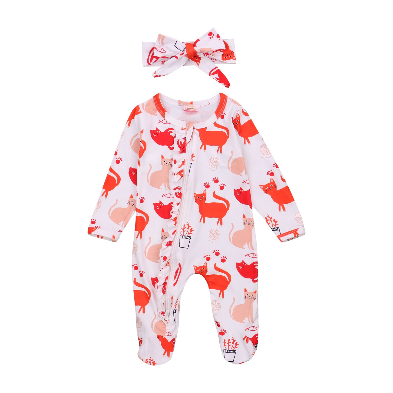 2 Pcs Newborn Baby Girls Boys Cars Footies Print Outfits, Infant Long Sleeve Round Neck Ruffle Footed Jumpsuit + Headband: Cats / 6M