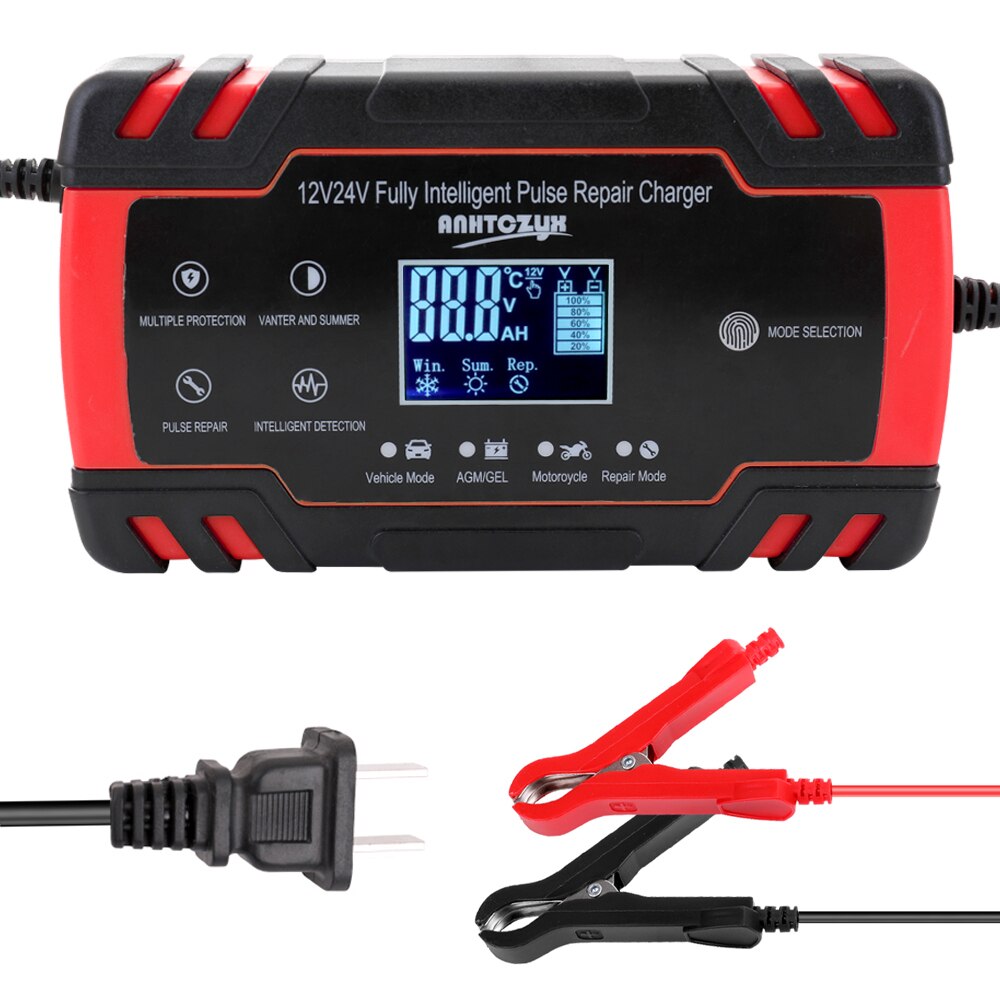 12V/24V Full Automatic Car Battery Charger Intelligent Fast Power Charging Pulse Repair Charger Wet Dry Lead Acid Battery-charge: B Red US Plug