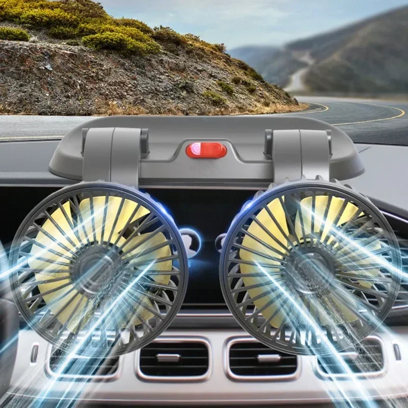 Autoventilator usb /12v/24v dubbele kop verstelbaar 360 ° elektrische autoventilator stil 2- snelheden multifunctioneel tijdelijke parkeerkaart autoventilator