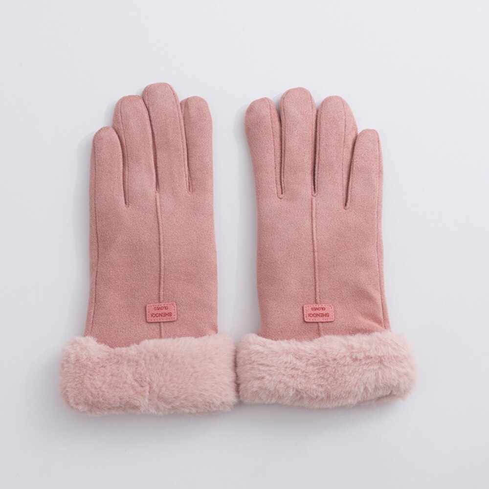 Female Winter Lace Warm Cashmere Cute Mittens Suede Leather Double Thicken Plush Full Finger Wrist Touch Screen Driving Gloves: pink