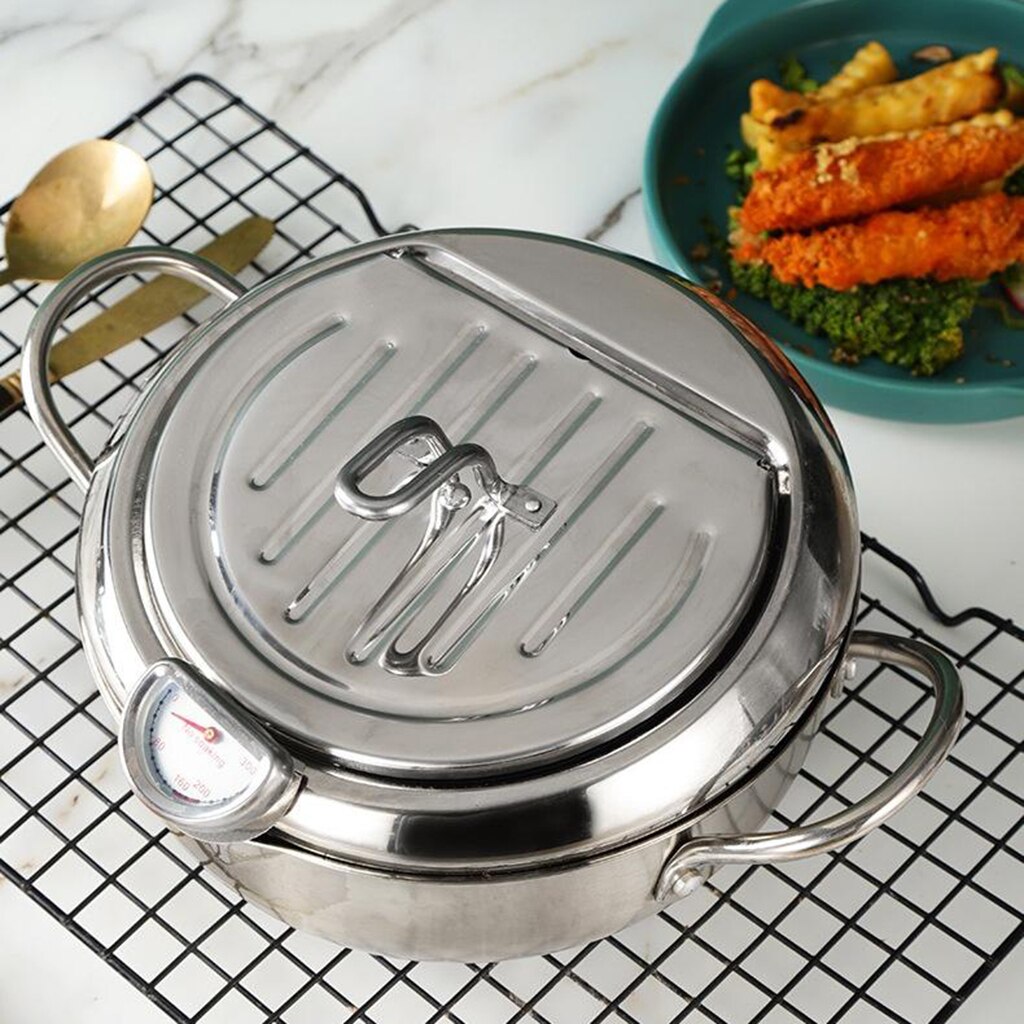 Stainless Steel Deep Fryer Pan Japanese Cooking Frying Pot with Thermometer Non Stick Mini Deep Fryer Pot