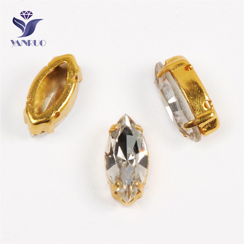 YANRUO 4200 All Sizes Crystal Clear Navette Glass Strass Point Back DIY Craft Gems Horse Eyes Rhinestones For Needlework: With Gold Claw / 4x15mm 12Pcs