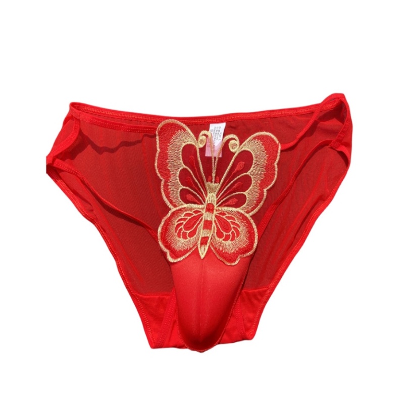 Sexy Men's Lace Underwear CD Cross-dressing Briefs Low-Waist Mesh Hollowed Transparent Butterfly Embroidery Underpants Underwear: XL / green