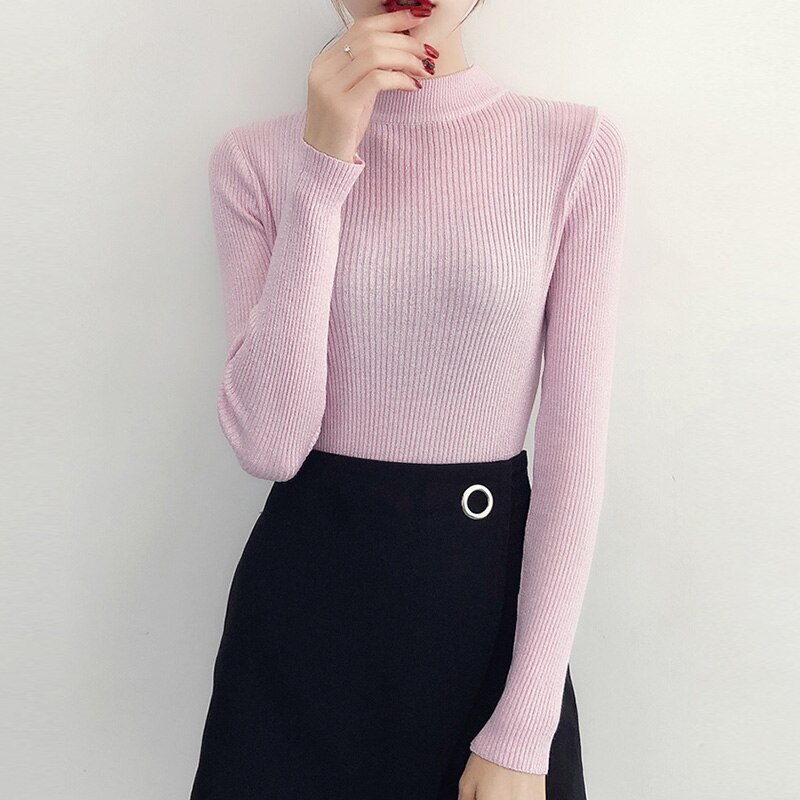 Suéter de lurex brillante para otoño e invierno, jersey de manga larga para mujer, suéteres básicos de cuello alto, tops de punto de estilo coreano para mujer: Rosa