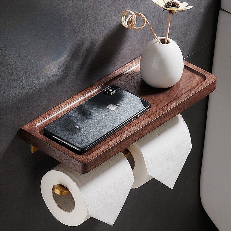 Bathroom Accessories Paper Holder Gold and Walnut Wood Paper Towel Holder Tissue Rack Toilet Paper Holder Phone Holder