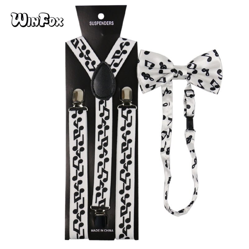 Winfox Vintage Zwart Wit 2.5 cm Brede Bretels Vlinderdas Set Vrouwen Mannen Music Note Bretels Bowtie Brace