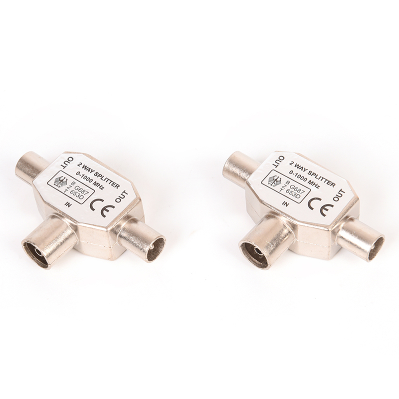 2-Way TV aérea coaxial divisor, sinal de metal, combinador adaptador T, 2 macho para 1 fêmea adaptador, TV/T Adaptadores