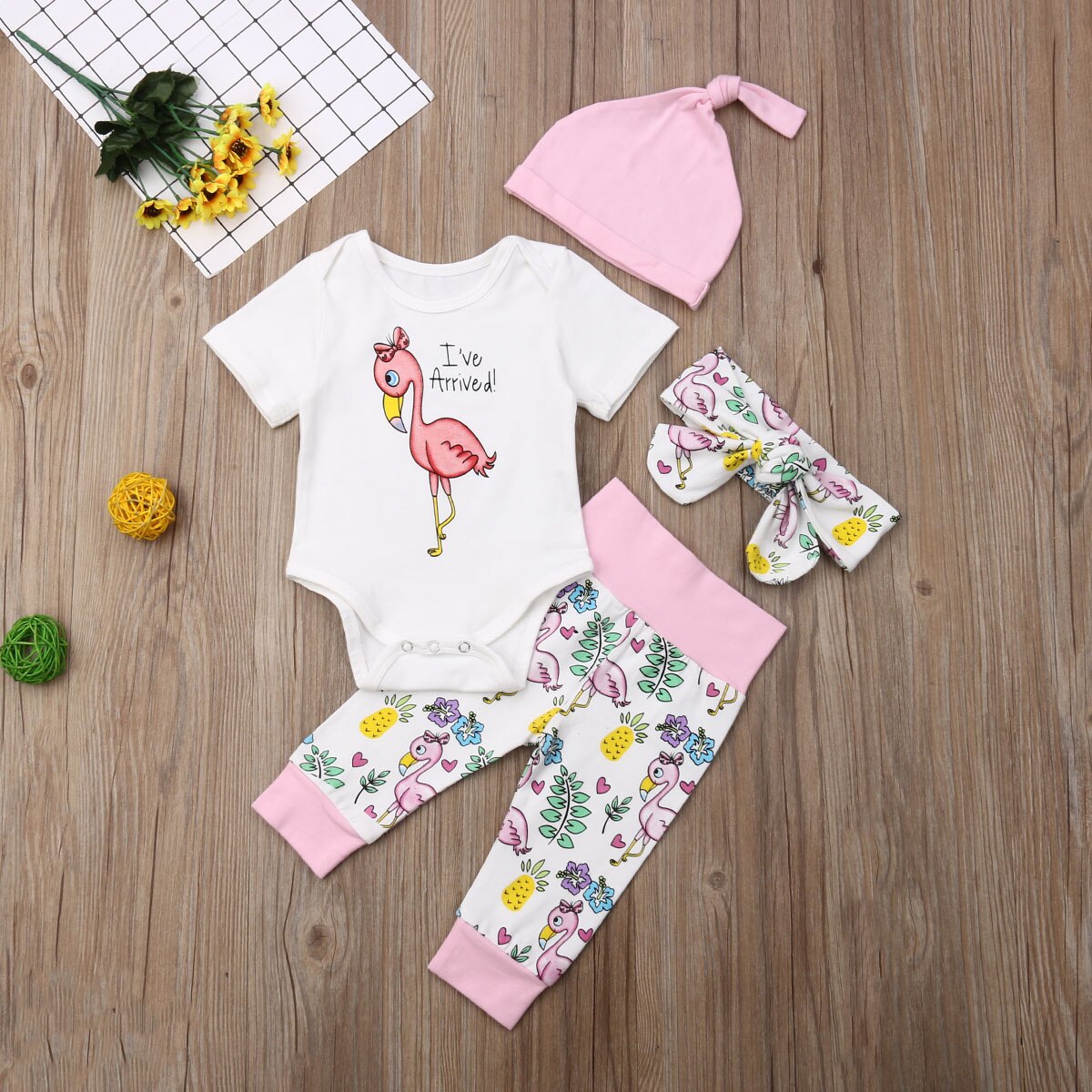 Baby Zomer Kleding Baby Kids Baby Meisje Jongen Kleding Cactus Print Korte Mouw Romper Tops + Broek + Hoofdband + hoeden 4 stuks Sets