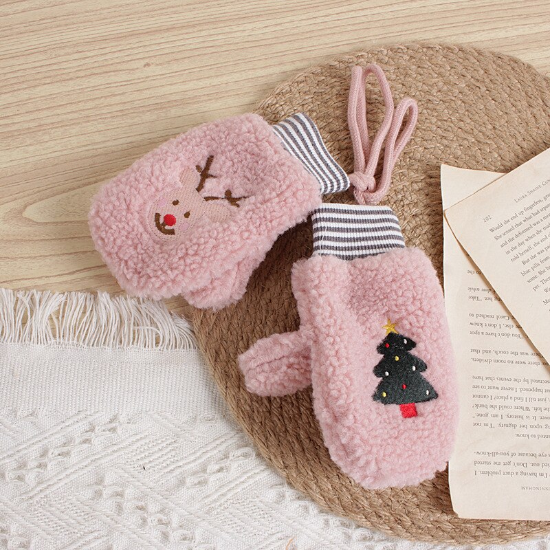 Macaron kleur kerst wind kinderhandschoenen winter fluweel kerstboom cartoon hert babymeisje halter handschoenen 2-6t: Ah2755 roze