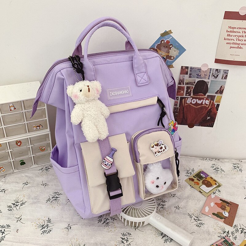 Waterdichte Nylon Schooltassen Voor Tienermeisjes Laptop Rugzakken Vrouwen Reizen Schoudertassen Student Boekentas Vrouwelijke Rugzak: Paars / With pendant