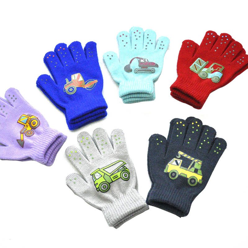 Warmom 6-12Y Children Winter Cold And Warm Outdoor Sports Knitted Gloves Small Engineering Vehicle Pattern Printing Gloves