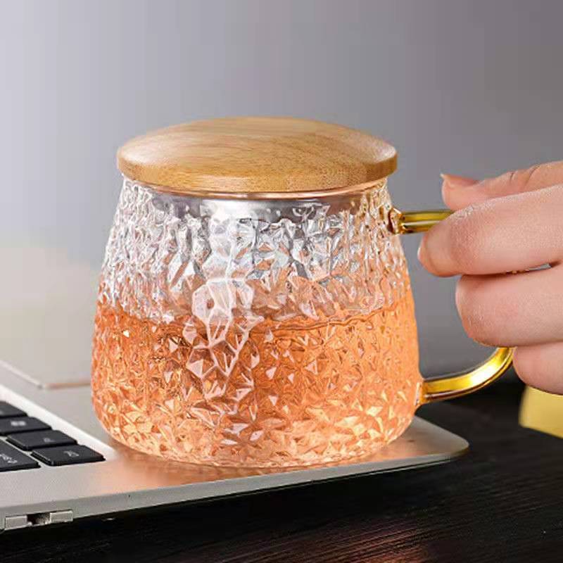 Glass Tea Infuser Cup With Transparent Filter Handle Bamboo Lid Heat-resistant Flower Teacup Office Tea Mug Drinkware: 410ml bamboo cover