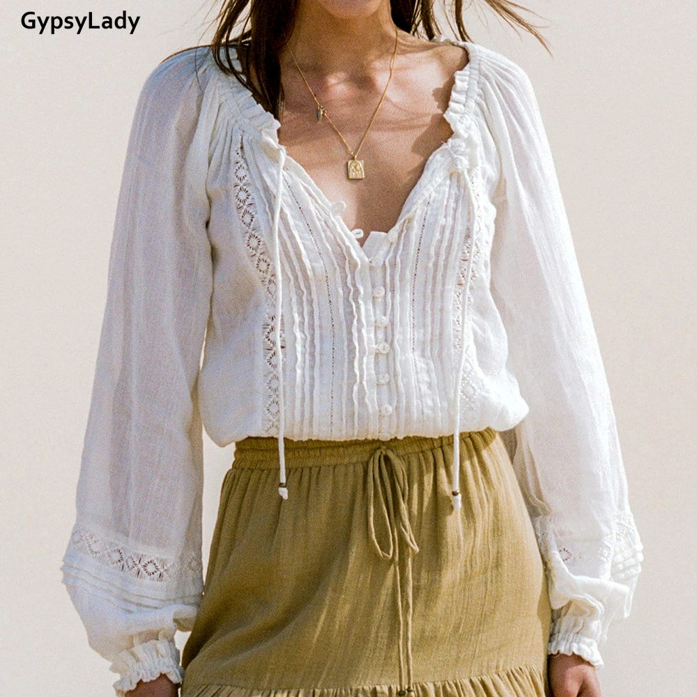 GypsyLady Weiß Spitze Jahrgang Bluse Hemd 100% Baumwolle Frühjahr Lange Laterne Hülse V-ausschnitt schier sexy Bluse Frauen schick oben Hemd