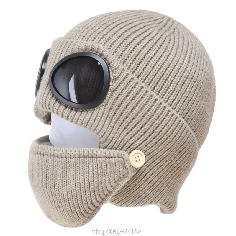 2 In 1 Ribbed Knit Beanie Hat Mouth Mask Set Warm Windproof Snow Cuffed Earflap Cap with Glasses Goggles N03 20: Khaki