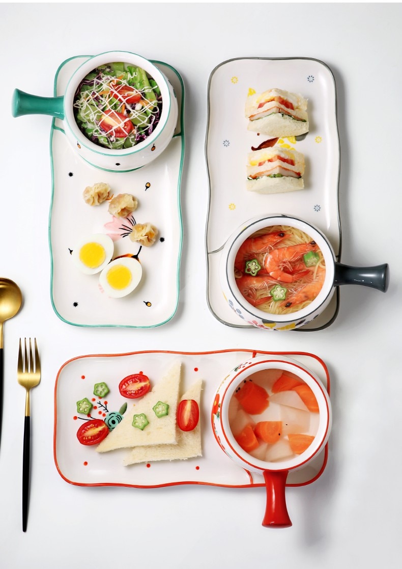 Plats de petit déjeuner créatifs avec la poignée bol en céramique ins vaisselle mignonne