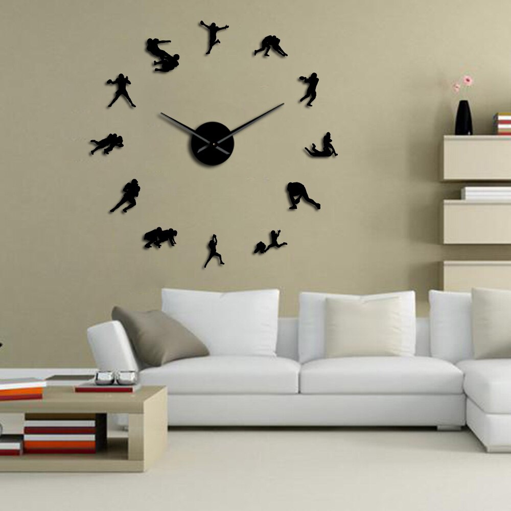 American Football Modern Large Wall Clock Rugby Wall Art Big Time Clock Wall Watch Boys Room Sports Decor Football Player