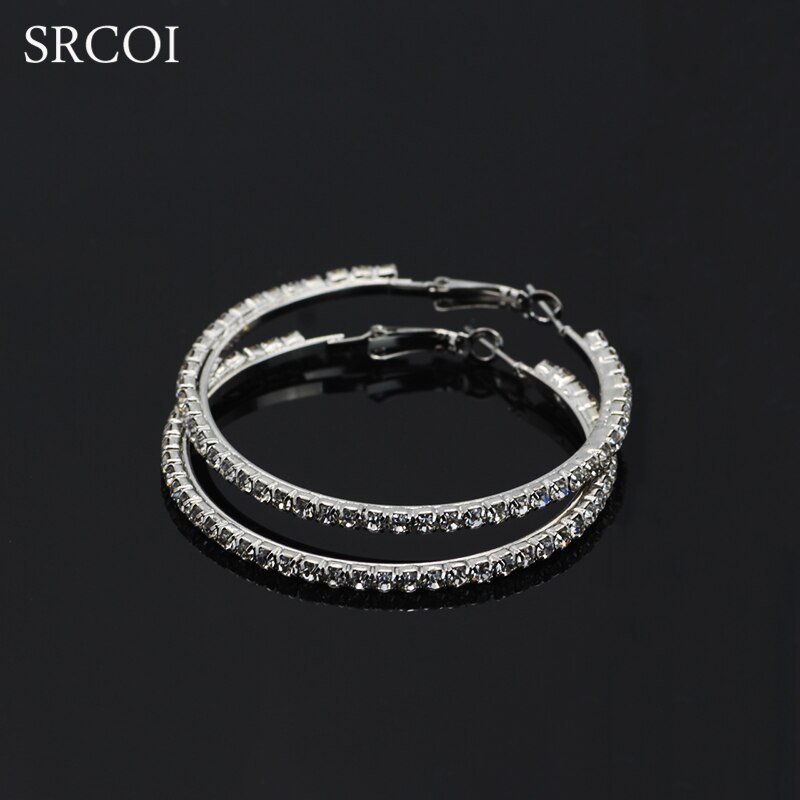 SRCOI Mode Grote Kristallen Oorbellen Hoops Grote Oorringen Zilver Oorbellen Rond Creolen Voor Vrouwen Cirkel Sieraden