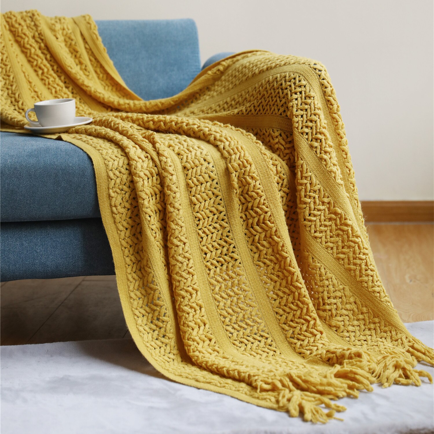 Couverture nordique tricotée à franges, plaid de voyage pour canapé, jaune, bleu, rose, vert: yellow / 127x152cm