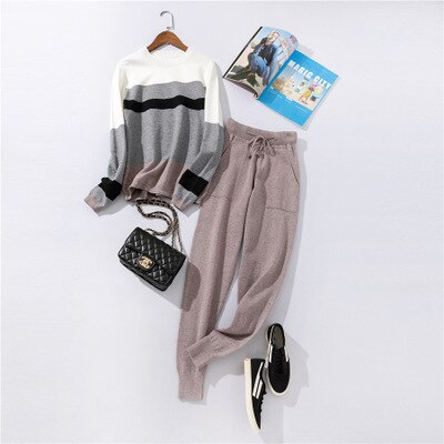 Autumn and winter casual women's knit sweater pants suit knit sportswear color strip stitching wool knit suit: 3