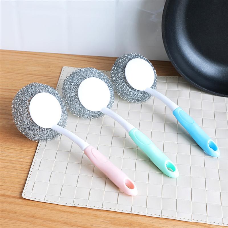 3pcs Long Handle Stainless Steel Scouring Pads Scrubbers Sponges for Pot Pan Kitchen