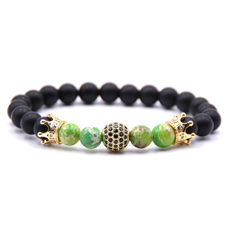Golden Cz Bal & Crown Mannen Armbanden 8Mm Black Lucky Stone Kralen Armband Voor Vrouwen Mannen