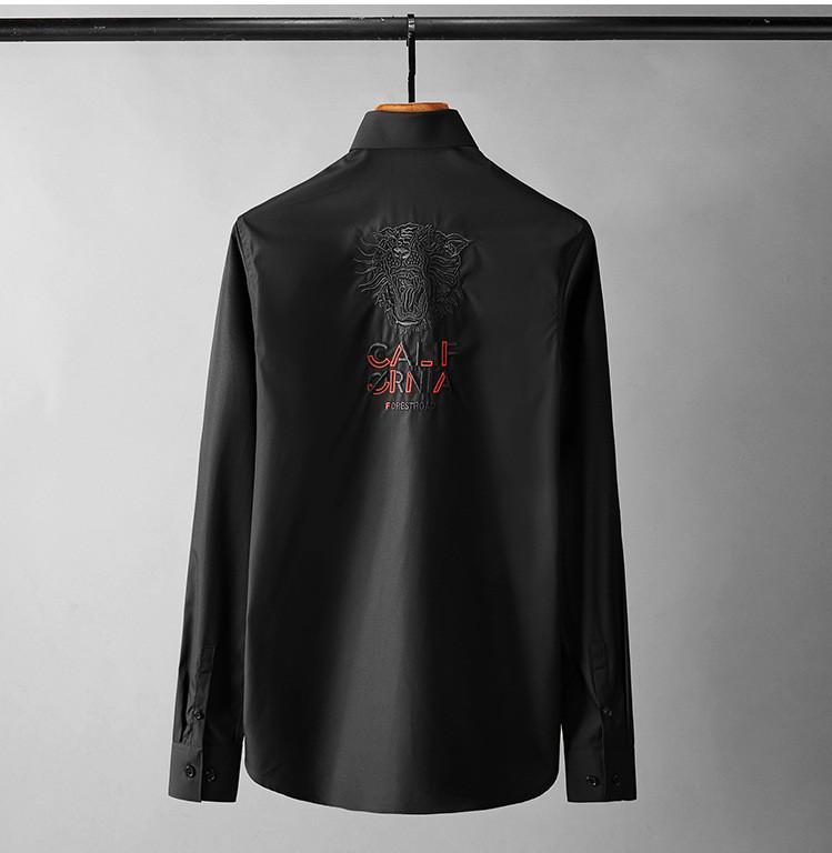 Långärmade manliga skjortor svart tigerbroderi casual herrklänningskjortor slim fit manskjortor plus storlek 4xl