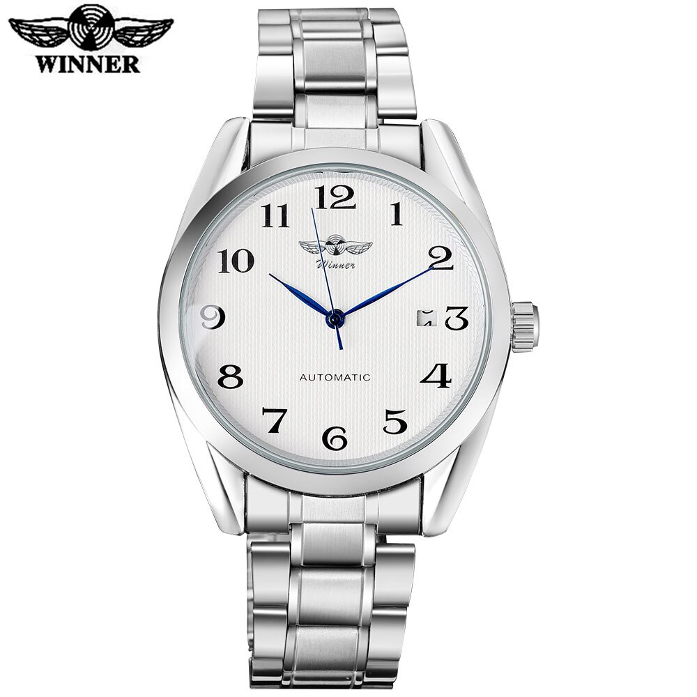 Winnaar Beroemde Mannen Mode Automatische Zelf Wind Horloges Witte Wijzerplaat Transparant Glas Silver Case Roestvrij Stalen Band: white