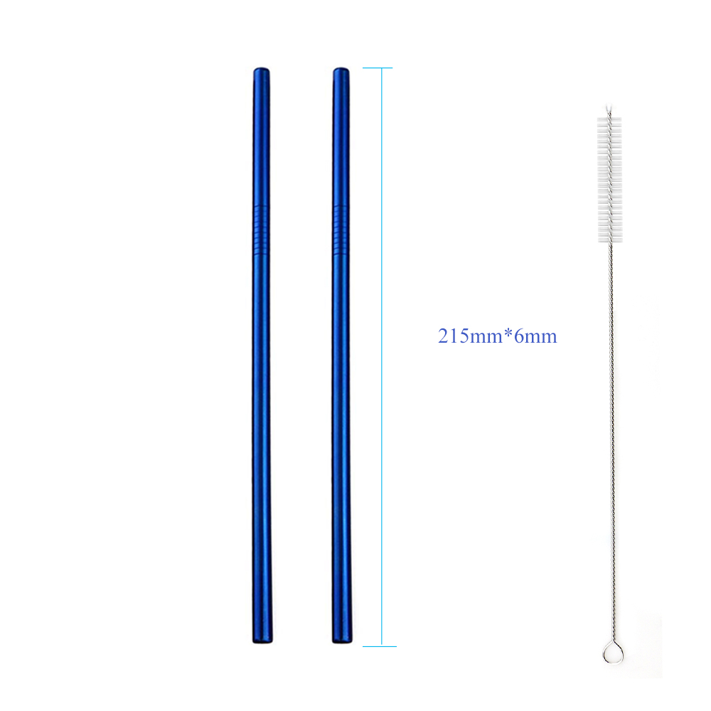 Jankng 2 stuks kleurrijke blauwe rietjes 304 roestvrijstalen rietjes 16/19/21/23/26cm drinkrietjes herbruikbare gebogen metalen rietjes met borstel: 215 x 6 recht