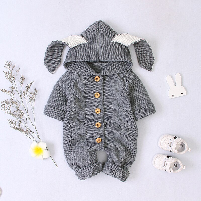Babyklær vinter baby romper høst strikking hette nyfødt baby jenter klær til baby gutter jumpsuit klær 0 3 6 mont: Grå / 18m