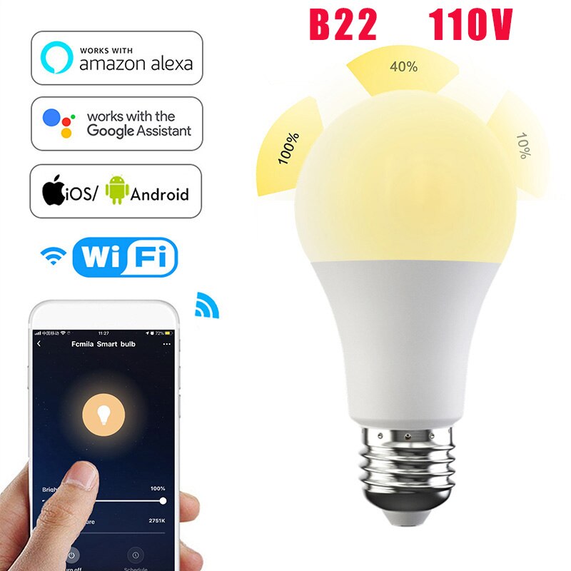 Wireless Smart Bulb Lighting Lamp 15W B22/E27 Magic Light Bulb Dimmable WIFI Downlight Changing App Control Alexa/Google Home: B22  110V