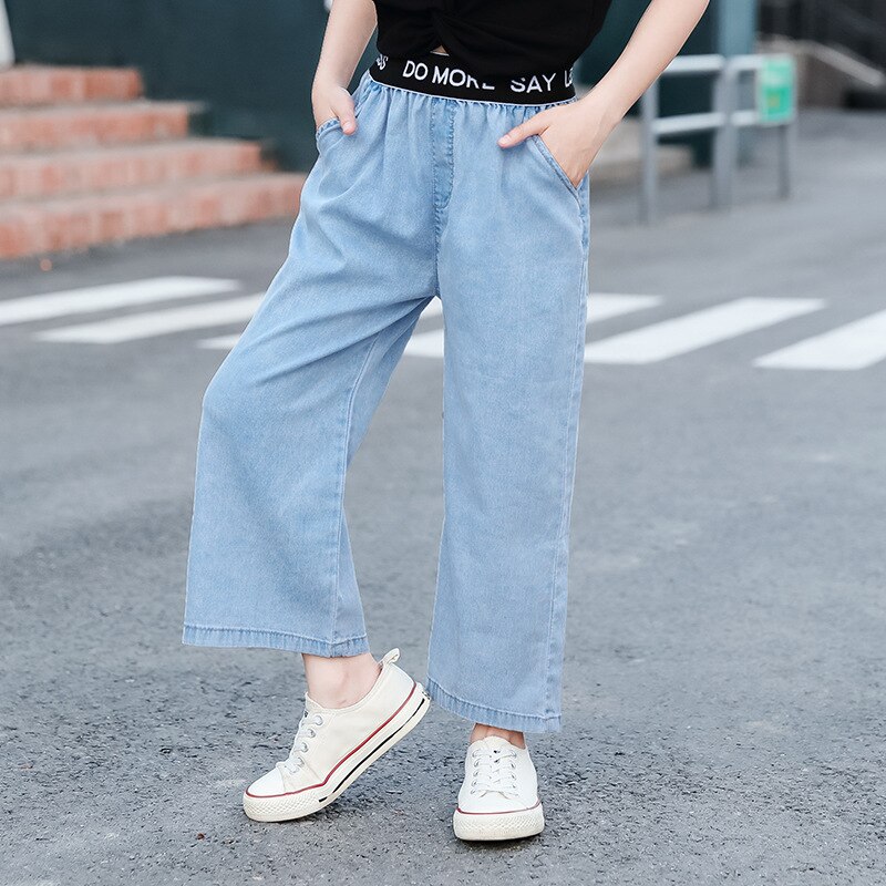 Casual piger løse bukser baby børn tøj elastik talje piger jeans brede ben bukser til 6 8 10 12 år vestidos