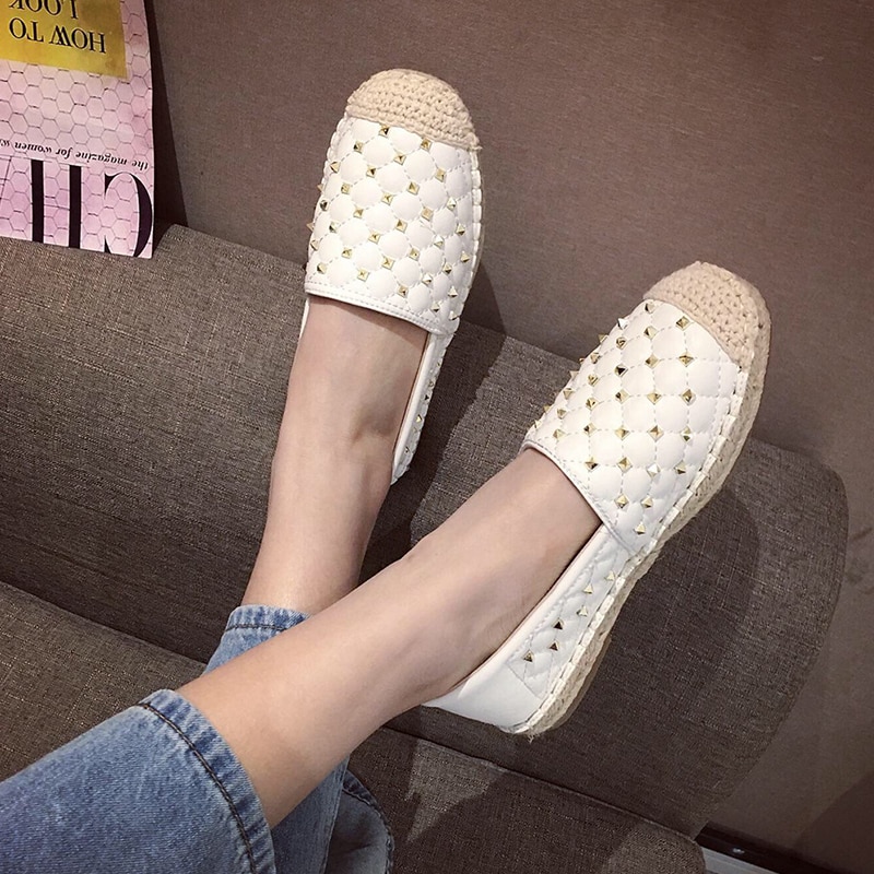 Rivet Stud Loafers Women Flats Hemp Shoes Round Toe Espadrilles Female Slip On Casual Shoe Woman Spring Autumn Moccasin