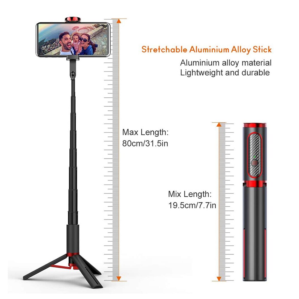 Selfie Stick Tripod - 80cm Extendable - Bluetooth Remote - for iPhone & Android Smartphones