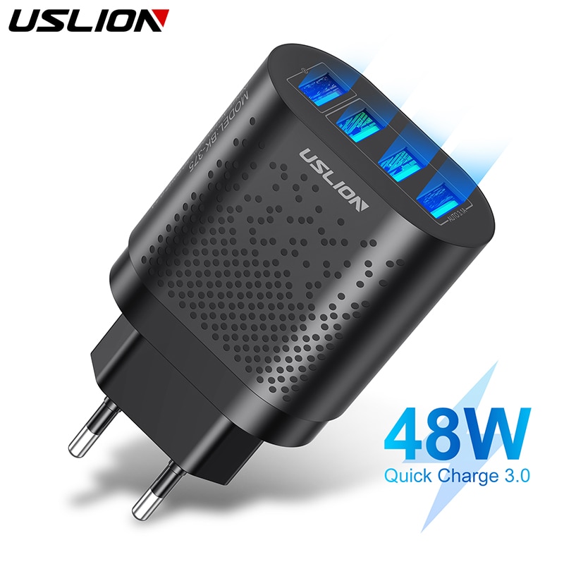 USLION EU/US Plug USB Charger 3A Quik Charge 3.0 4 Port 48W Fast Wall Chargers Mobile Phone Charger For iPhone 11 Samsung Xiaomi