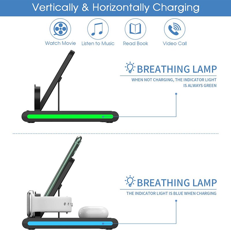 Draadloze Oplader, 4 In 1 Snelle Draadloze Laadstation Compatibel Met Meerdere Apparaten Qi-Gecertificeerd Snel Opladen