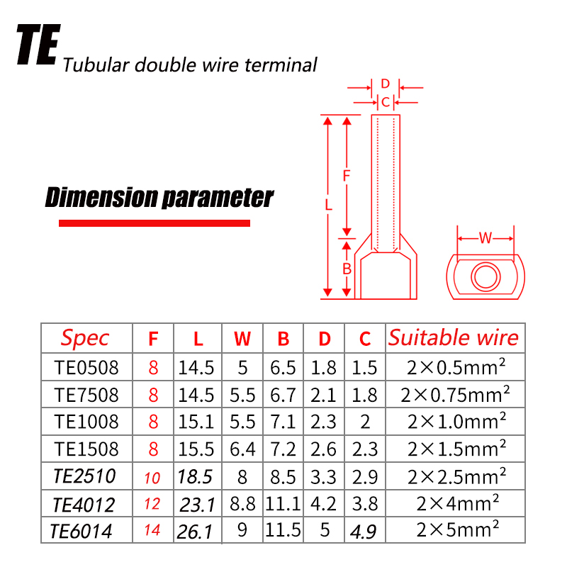130/380/600 pièces TE type de tube à double fil terminal pré-isolé type de broche européenne terminal pressé à froid type de broche extrémité de tube en cuivre