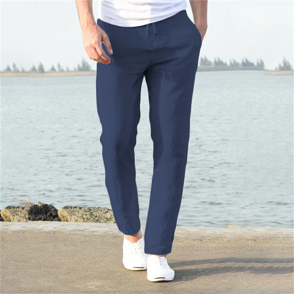 Men's Cotton Linen Pants Male Autumn Breathable Solid Color Linen Trousers Fitness Streetwear S-3XL: XXXL / dark blue