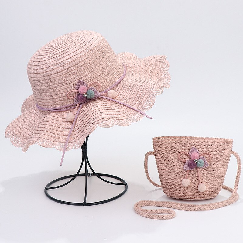 Zomer Reis Stro Hoed Voor Meisjes Prinses Kids Kind Geweven Rand Bloemen Zonnehoed En Tas Sets Voor Outdoor: 2pc set  pink