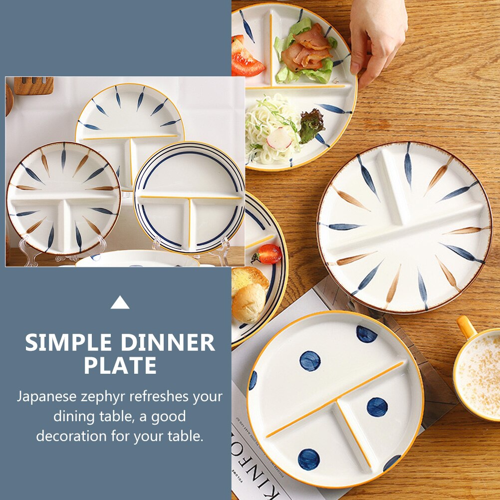 Plato de cerámica dividido de estilo japonés, plato de cena de 3 Divisiones pintado a mano, Reduce la grasa, , 2 uds.
