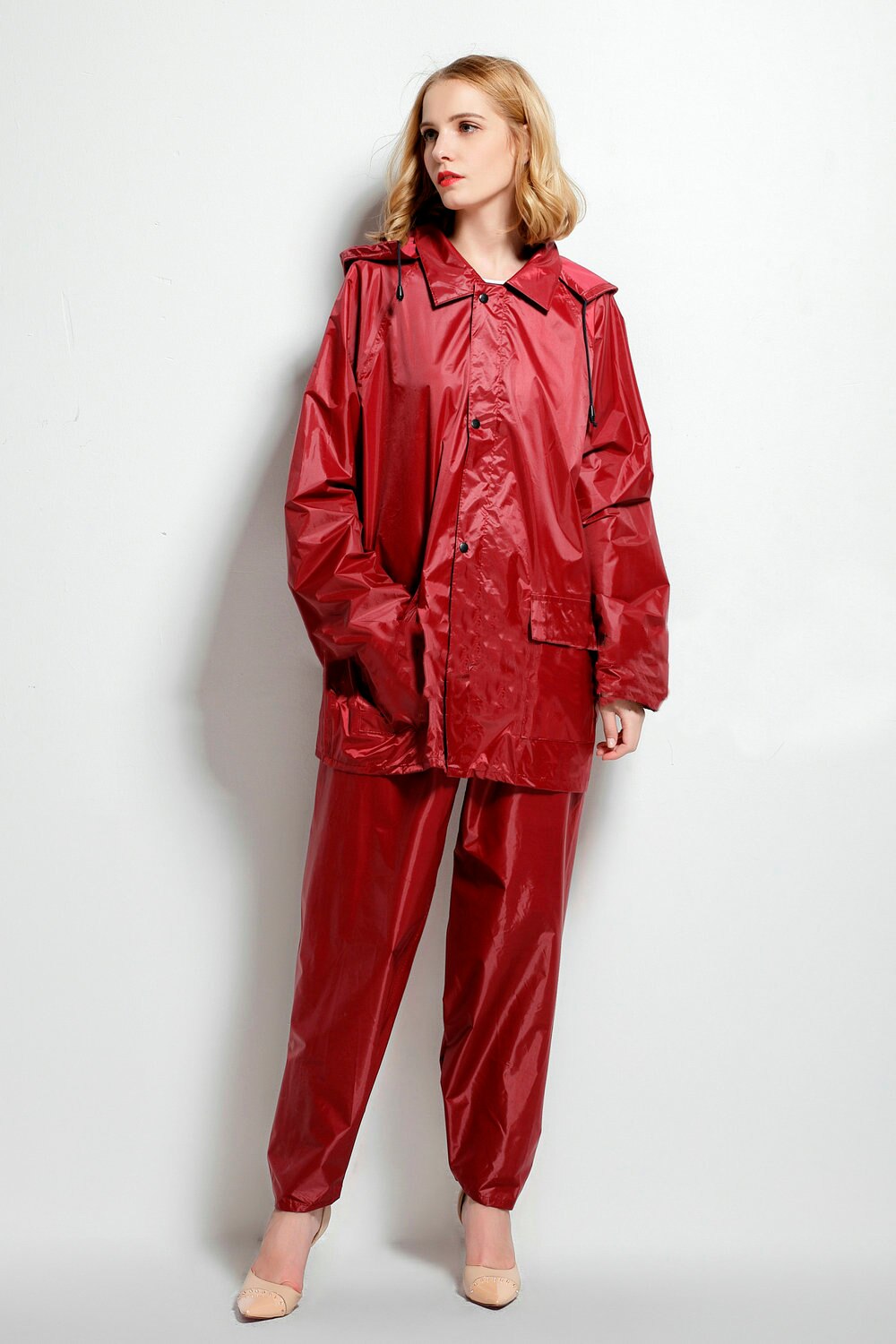 rain coat women polyester waterproof rainwear suits men navy raincoat for fishing camping YY094: wine red set / XXL