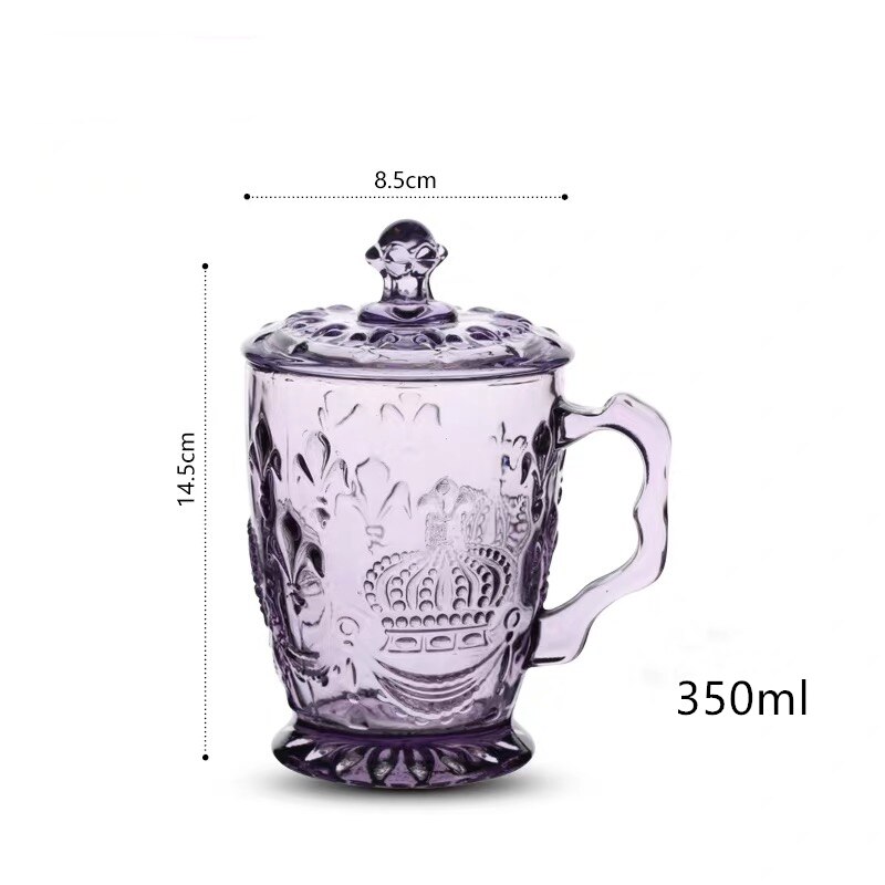 Glass crystal mug with lid European retro embossed flower color thickened 350ml office drink milk tea drink juice cup: Purple