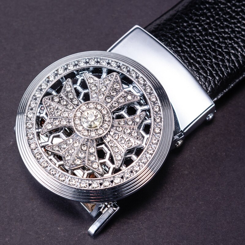 Cinturón de cuero con hebilla redonda automática para hombre, hebilla de con patrón de lichi, ideal para decorativos: Silver / 125cm