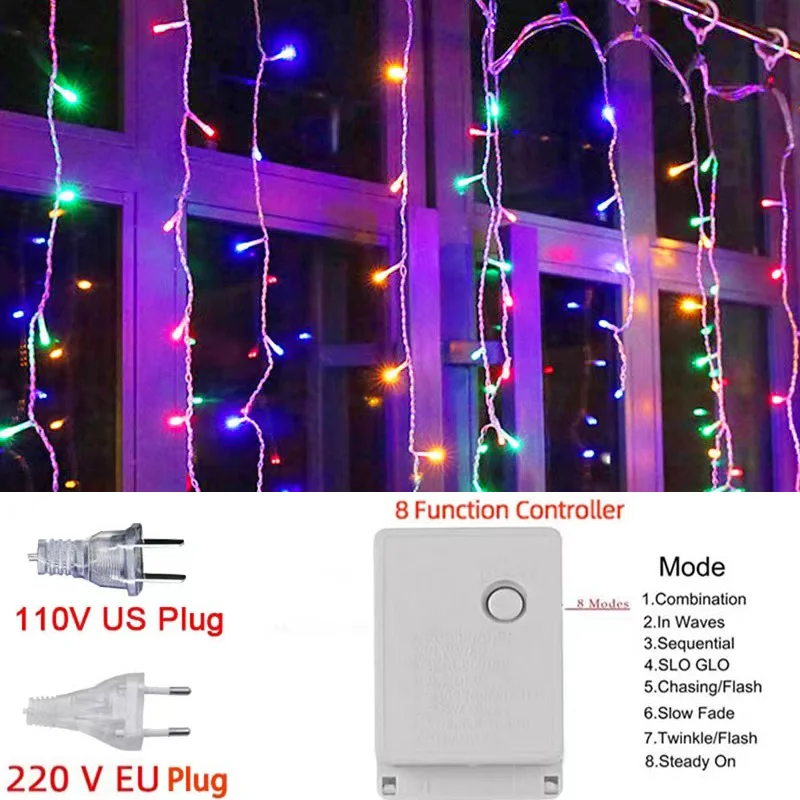 3M LED Vorhang Eiszapfen Lichterkette Hängend 0,4-0,6M 220V Garten Hof Einkaufen Vorhang Licht Außendekoration Licht.: Grün / uns-Stecker