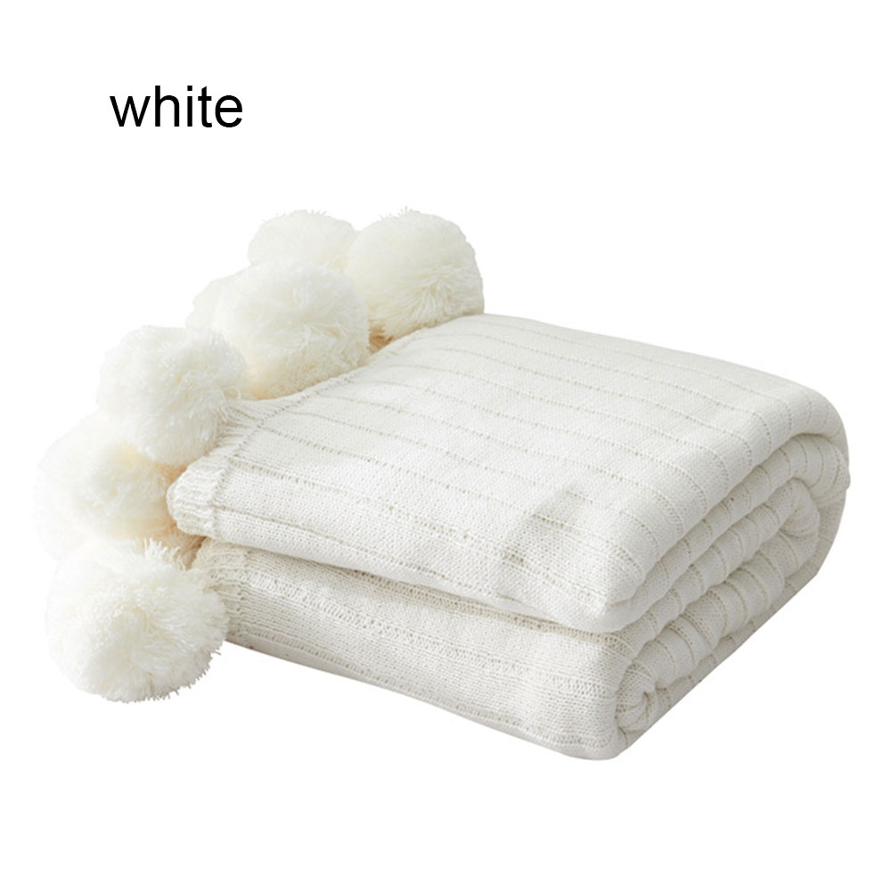 Manta de bola de punto de algodón suave, chal de algodón, accesorios para fotos, manta de sofá, aire acondicionado, decoración de bola pequeña: white / 100x150CM