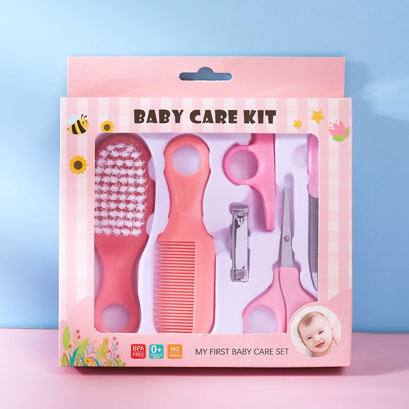 Multifunction Newborn Baby Kid Healthcare Kit Nail Hair Thermometer Grooming Brush Portable Hygiene Set Baby Newborn Essentials: 6PC SET-Pink