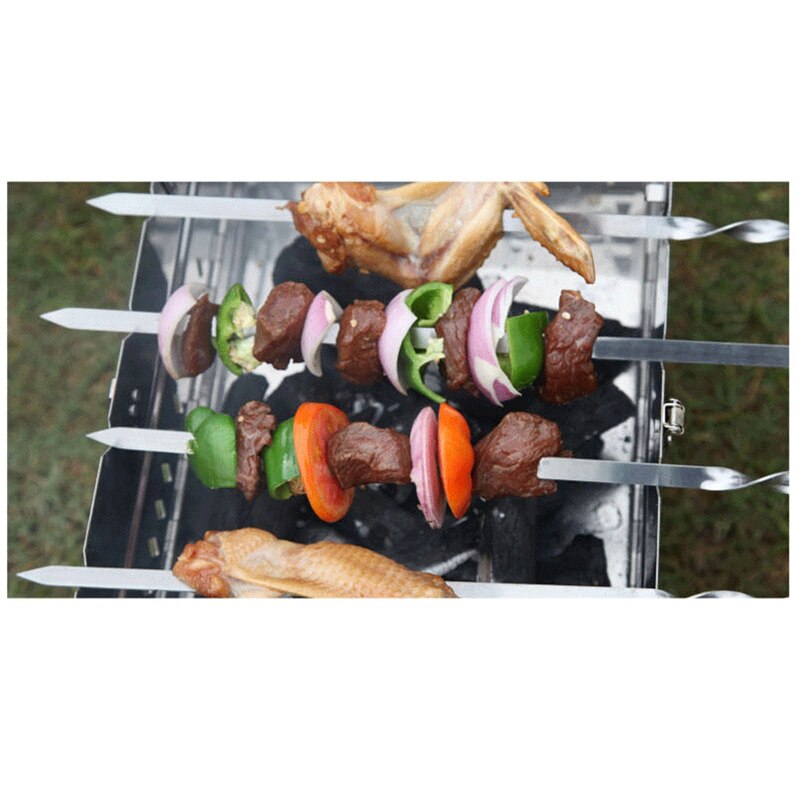 Bbq spett rostfritt stål shish kebab bbq gaffel set långt platt trähandtag grillnål kött grill utomhusredskap 6 st