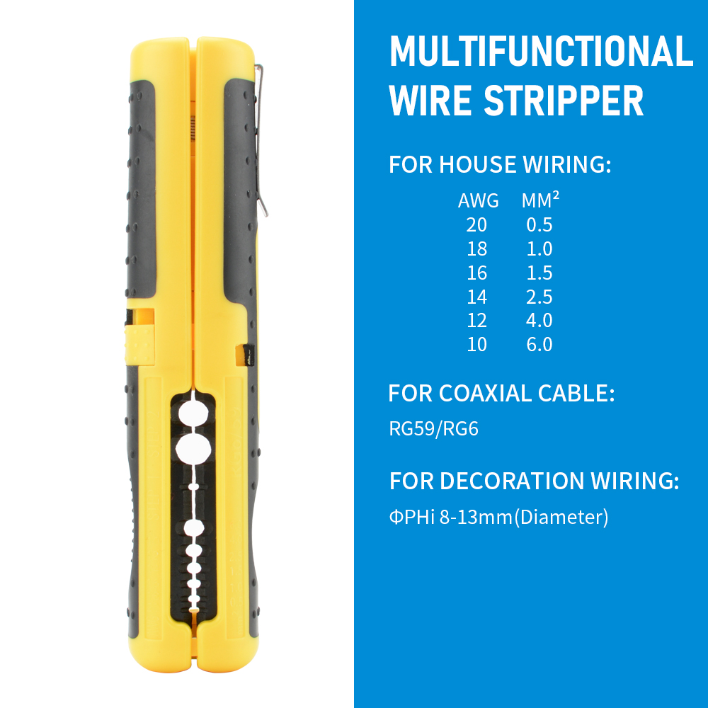 Gemakkelijk mee te nemen handgereedschap, multifunctioneel, tandwielslijpmachine, kabelstripper, coaxkabelstripper, draadstripper, handig en praktisch.: Geel