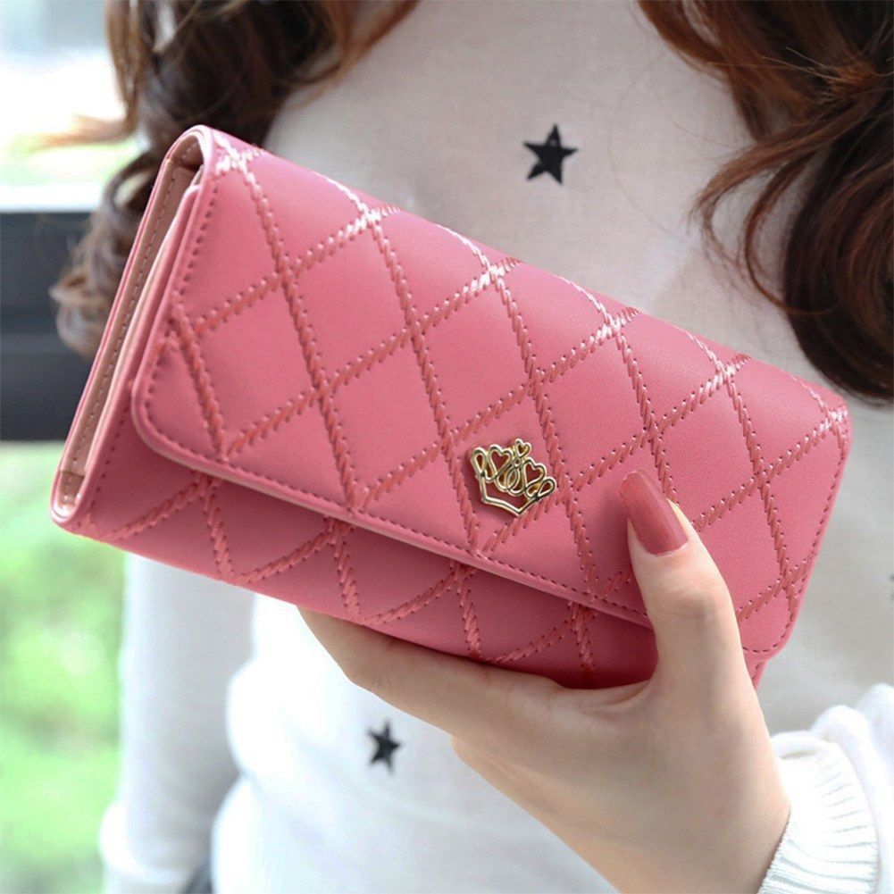 Damen-clutch aus leder, diamantkrone, dreifach gefaltete geldbörse, langes kartenetui, handytasche, handtasche: Wassermelonenrot