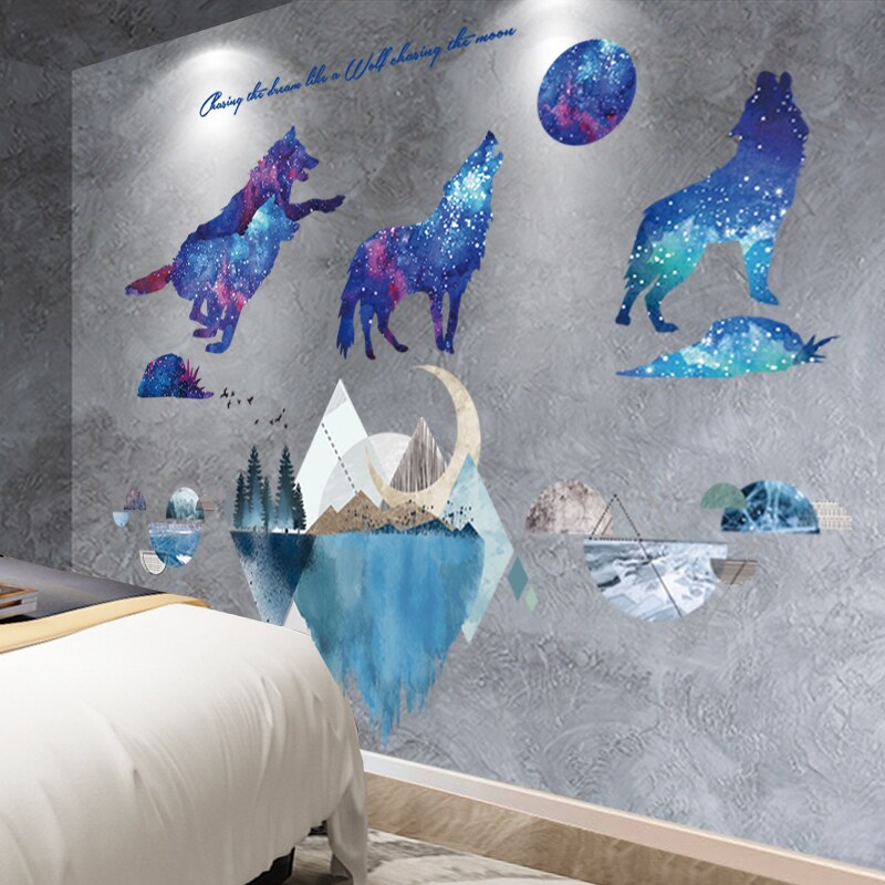 [shijuekongjian] floder bjerge wallstickers diy træ fugle vægmaleri mærkater til stue soveværelse hus dekoration: Flod og ulv 1