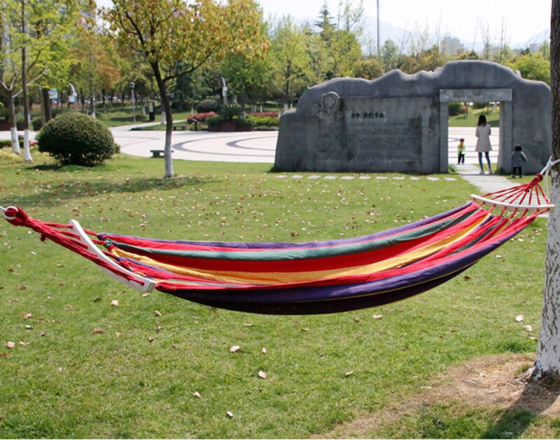 2 personer flerfarvet udendørs lærred camping hængekøje bøjning træpind stabil hamak have gyngestol hangmat 250*150cm